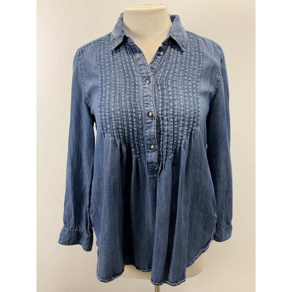 American Eagle Chambray Popover Top Shirt Women's M Blue Denim Western Pleats